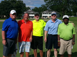 Bill Murray (center) congratulating 2016 Championship Winners (left) Mike Sandridge and John Spensley and Runners-up (right) Peter MacEntee and Abe Ismail